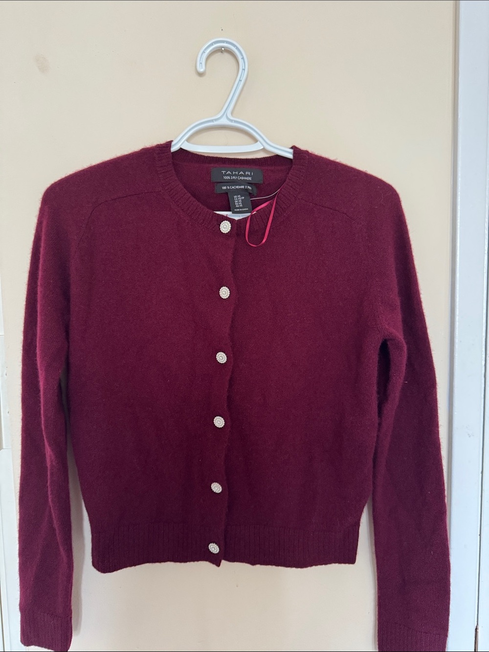 Tahari Women's Gala Plum 100% Cashmere Bejeweled Button Cardigan